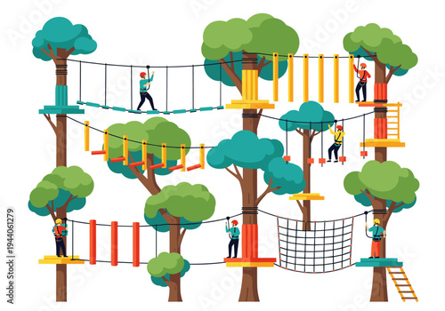 Adventure park with people on rope bridges and obstacle courses in trees