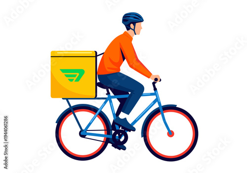 Delivery person on bicycle with yellow insulated bag, cycling for fast food service