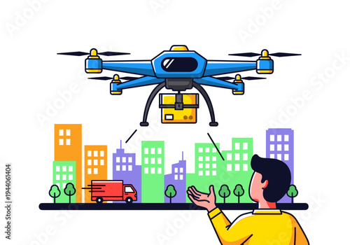 Drone delivery service in a modern city with a person receiving a package from the sky