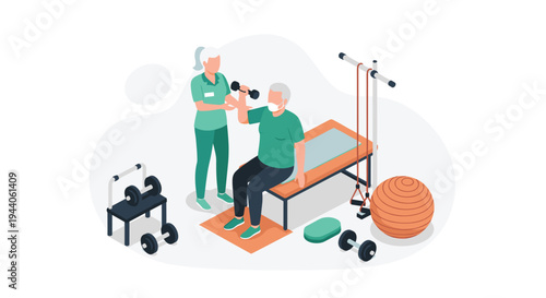 A female caregiver supports an elderly man during a strength training session with dumbbells in a well-equipped physiotherapy gym.