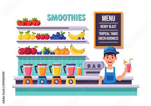 Friendly barista serving a fresh fruit smoothie at a colorful juice bar counter