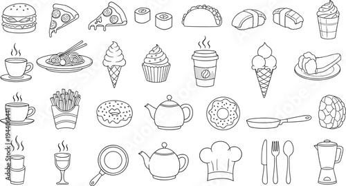 Food and kitchen outline icon set vector illustration with burger pizza coffee ice cream donut restaurant menu line icons