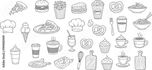 Food doodle icon set vector illustration with pizza burger fries coffee cupcake popcorn restaurant menu hand drawn outline collection