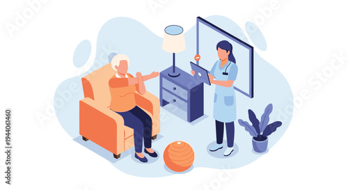 A nurse provides a remote physical therapy consultation via tablet to an elderly woman who is performing stretching exercises in her home.