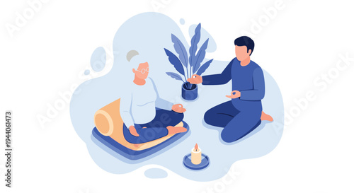 An elderly woman and a younger male instructor practice mindfulness and meditation together in a minimalist setting with a plant and a candle.