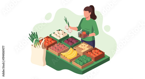 A young woman with her hair in a ponytail carefully selects fresh garlic at a vibrant outdoor farmers' market stall filled with assorted fruits and vegetables.