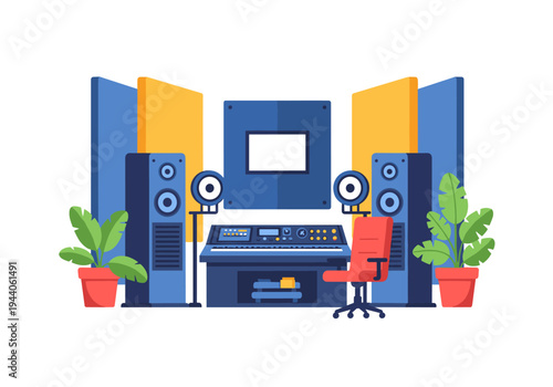 Modern recording studio setup with speakers, keyboard, and chair, flat design style