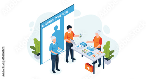 A community health worker at a booth provides two senior women with informational brochures and medical resources during an event.