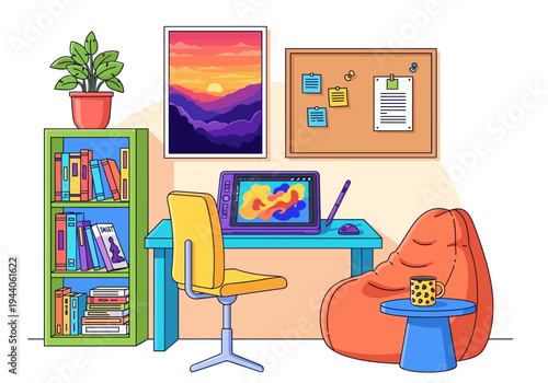 Cozy home office setup with digital art tablet, bookshelf, and bean bag chair