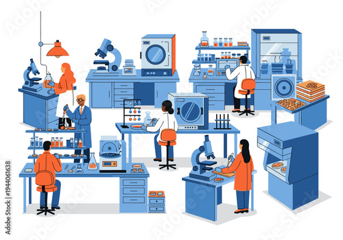 Diverse scientists conduct experiments and research in a modern laboratory setting