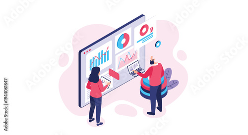 A male and female analyst team collaboratively reviews financial charts and data visualizations on a large interactive dashboard.