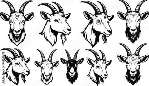 Set of 8 goat head icons vector illustrations