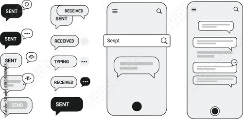 Mobile messaging chat interface wireframe vector illustration with sent received typing bubbles smartphone conversation UI design concept template