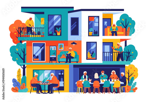 Diverse seniors enjoying various activities in a modern apartment building community
