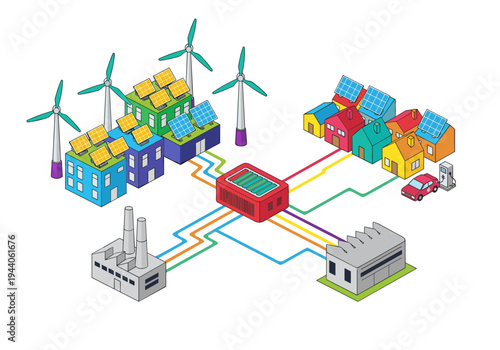 Smart grid concept with renewable energy sources powering homes and industry