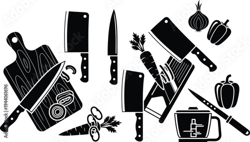A collection of kitchen implements features several black silhouette knives, cutting boards, and fresh vegetables like carrots and onions.