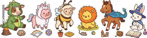 Cute Children Wearing Animal Costumes Vector Collection Featuring Kids Dressed as Dinosaur, Pig, Monkey, Lion, Horse, and Rabbit Cartoon Characters