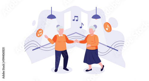 A lovely flat vector illustration depicts a senior couple holding hands and dancing together under hanging lights with musical notes floating around them.