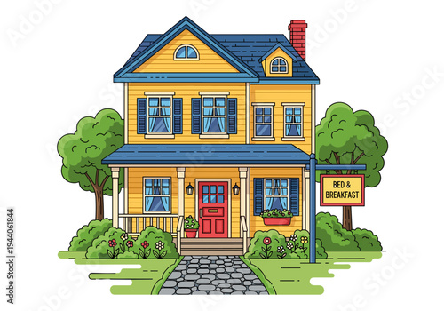 Charming yellow bed and breakfast house with a welcoming porch and garden