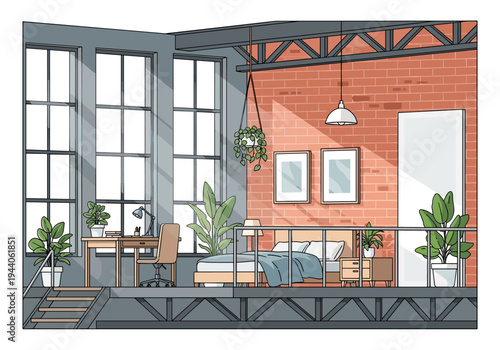 Modern loft apartment interior with bedroom, workspace, and large windows