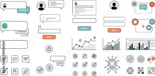 Modern UI dashboard elements icon set vector illustration including chat bubbles analytics charts settings icons web app interface