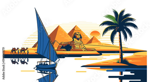Abstract Colorful Modern Digital Art Vector Illustration of Egyptian Pyramids and Nile River Scenery