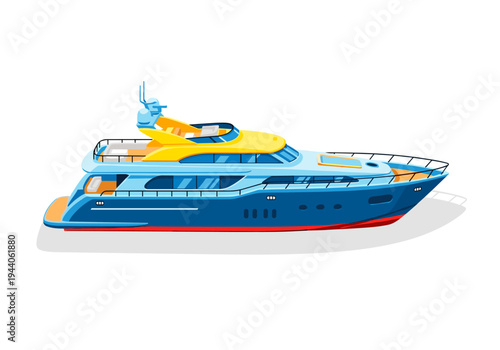 Modern blue and yellow luxury yacht sailing on the water with a white background