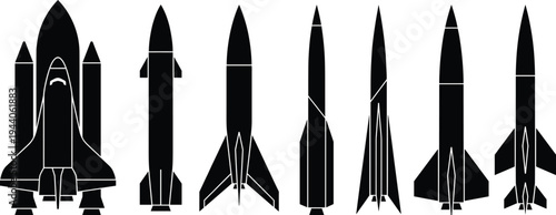 Collection of space rocket silhouettes featuring shuttle launch vehicles missiles and futuristic spacecraft icons for aerospace science exploration and aviation technology design