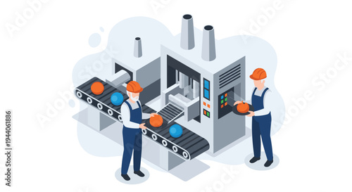 An isometric vector illustration of two factory workers in hard hats operating industrial machinery on a production line with a conveyor belt.