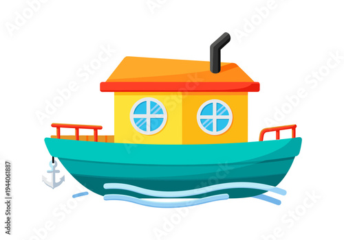 Cute cartoon tugboat with yellow cabin and teal hull sailing on blue water