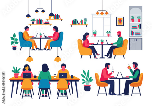Diverse group of people working and socializing in a modern co-working space