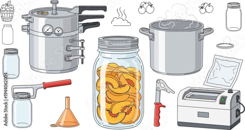 Various home canning equipment including pressure canners, boiling water baths, and jars filled with sliced peaches are illustrated for preserving food.