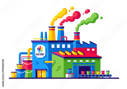 Colorful factory with smoke stacks emitting vibrant fumes and buckets on a conveyor belt
