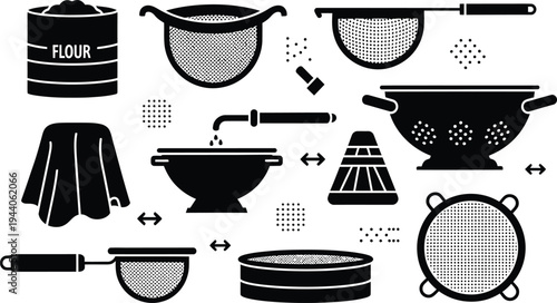 Assortment of black kitchen utensils including various strainers, sieves, and a flour container illustrates baking and food preparation tools.