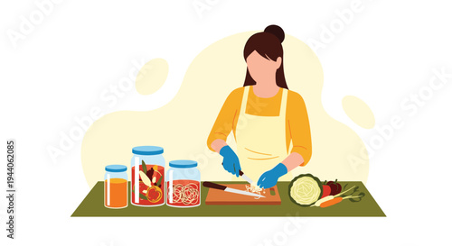 A flat illustration showing a woman in an apron and gloves preparing food by chopping vegetables on a cutting board, with jars of fermented or pickled foods next to her on a table.
