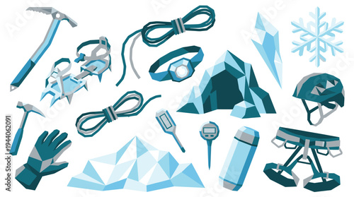 A comprehensive set of flat vector icons showcasing essential ice climbing and mountaineering gear, including an ice axe, crampons, ropes, a helmet, and a headlamp in a cool blue color palette.