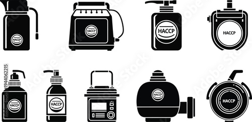 Collection of black and white icons displays various kitchen appliances and liquid product dispensers bearing the HACCP certification mark.