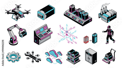 A collection of isometric icons representing Industry 4.0 and smart factory automation, including a drone, robotic arm, and cloud computing symbols.