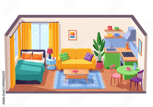 Cozy studio apartment interior with living, sleeping, and kitchen areas combined