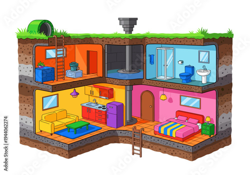 Cross-section of a colorful underground house with multiple rooms and levels