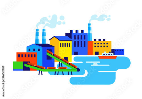 Modern industrial factory complex with conveyor belt and ship on water