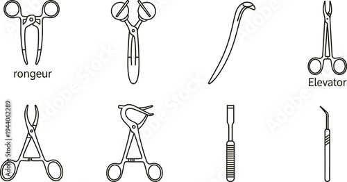 Assortment of stainless steel surgical instruments including forceps, elevator, and rongeur tools for operative use.