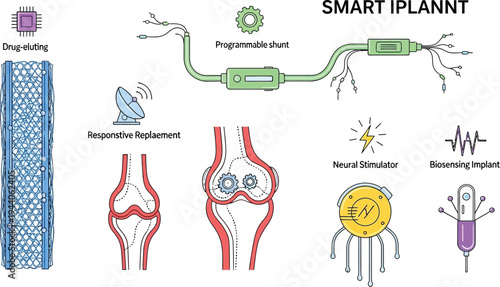 Diagram illustrates various components and functions of a smart implantable medical device system for internal monitoring and treatment delivery.