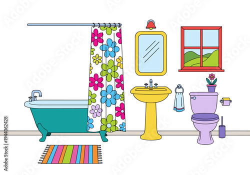 Colorful cartoon bathroom interior with bathtub, sink, toilet, and window view