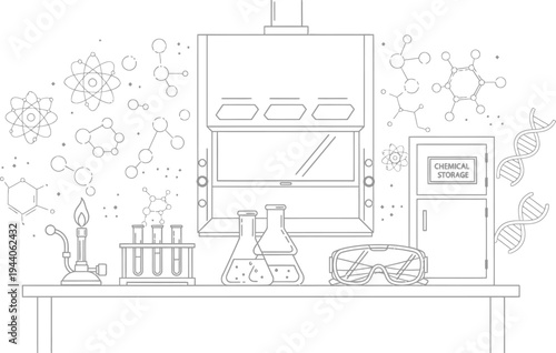 Laboratory workbench features a fume hood, beakers, test tubes, Bunsen burner, and safety goggles surrounded by molecular diagrams.
