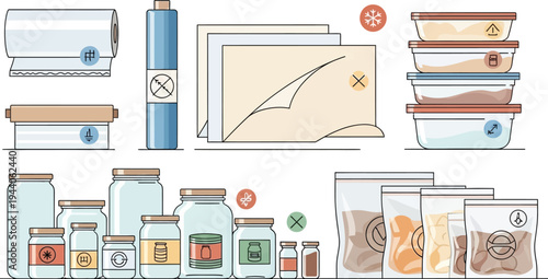 Assortment of food preservation containers including jars, plastic bins, freezer bags, and plastic wrap illustrates storage options.