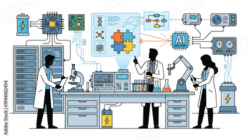 Scientists in lab working with AI and robotics: data analysis and automation with scientists with laboratory with robotics with automation with illustration