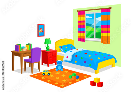 Bright and colorful cartoon children's bedroom with toys and a desk