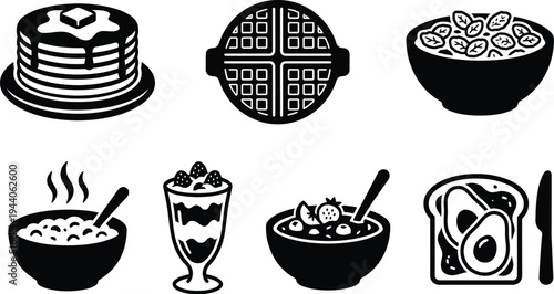 A collection of breakfast food icons including pancakes, waffles, cereal, oatmeal, parfait, and avocado toast.