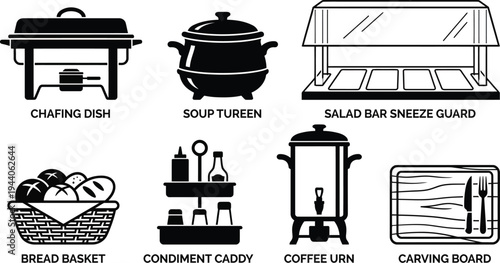 A collection of icons depicts various food service equipment and serving items.